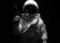 Astronaut holding a gun representing law breaking in space