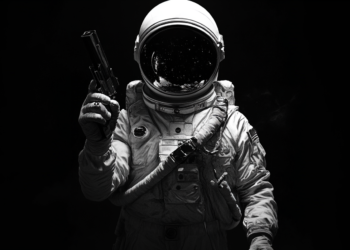 Astronaut holding a gun representing law breaking in space