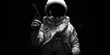 Astronaut holding a gun representing law breaking in space